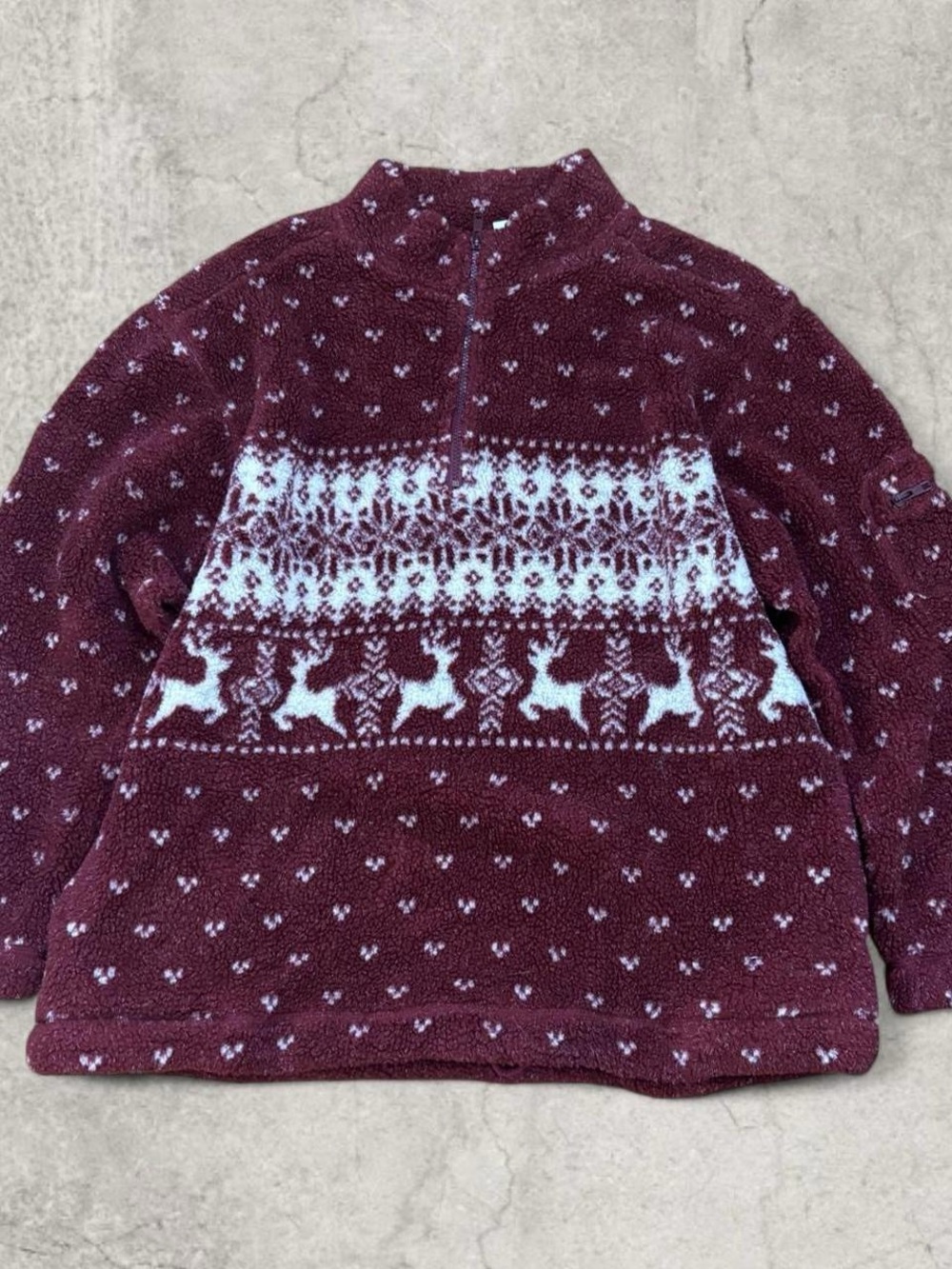 Cherokee Burgundy and White Reindeer Pattern Half-Zip Sweater